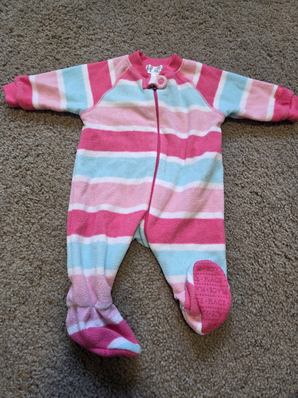 The Children's Place Pink, Light Blue & White Striped Fleece Footed One-Piece